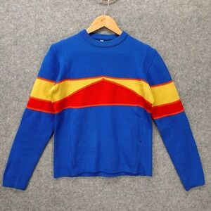 Vintage Ski Sweater Womens L Blue Yellow Red Colorblock Stripe 70s OSSI Slim Fit